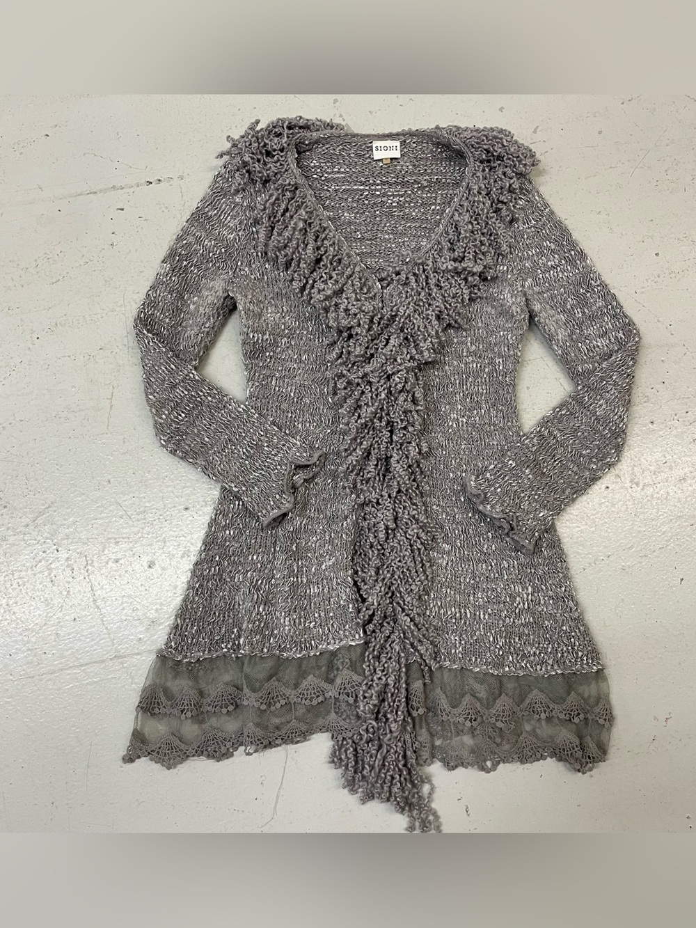 Vintage Y2k 90s Sioni Silver Ruffles Cardigan Fashionably Trimmed Boho Goth Sz S